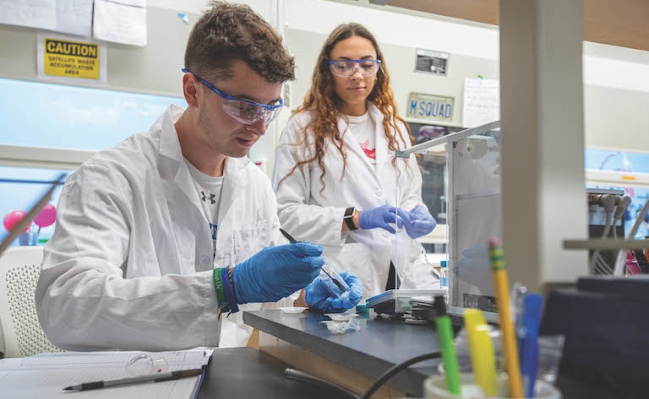 Male and Female student working in lab, wearing white coats and gloves handling test tubes