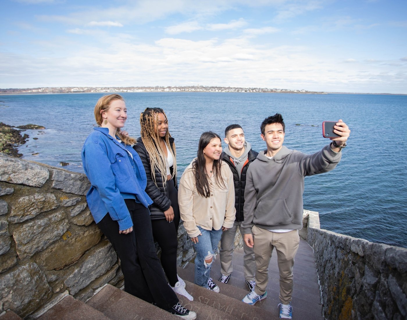 Students take a selfie at 40 steps along Cliff Walk.