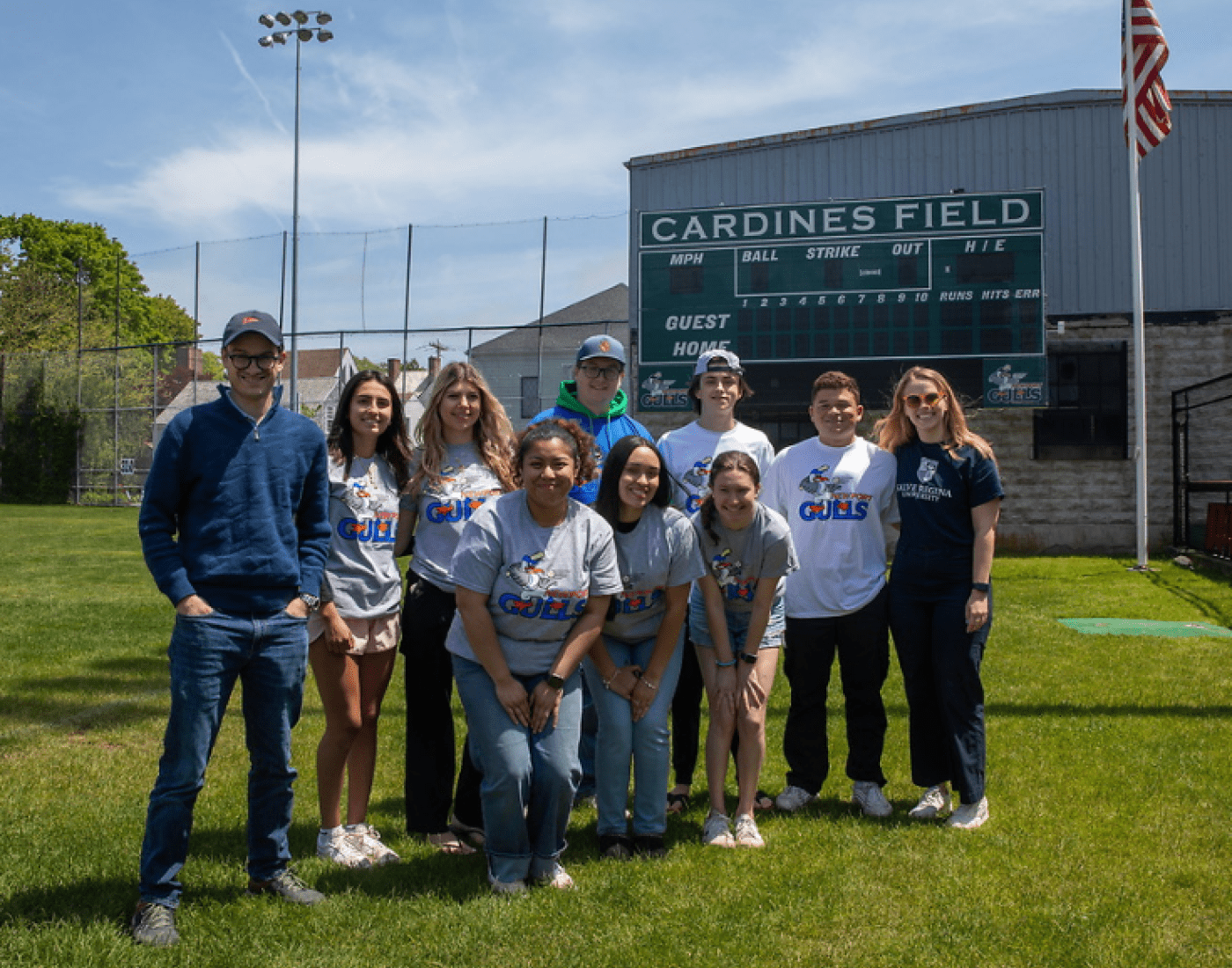 A group of students pose at the Newport Gulls' field