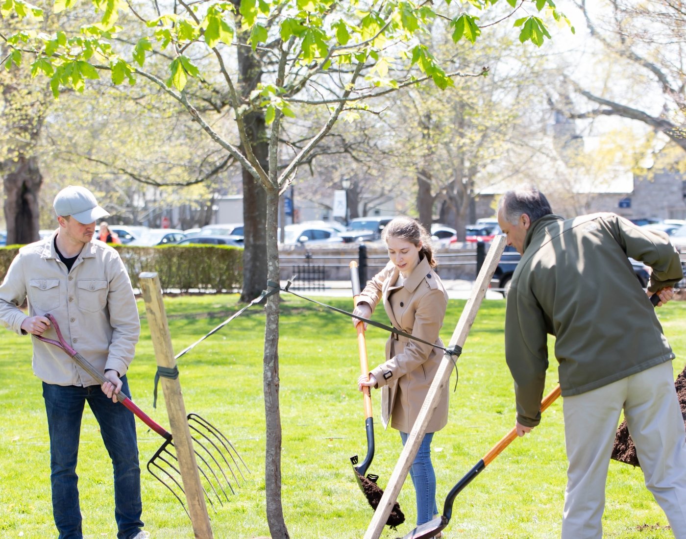 Students and faculty help to plant a campus tree during Earth Week activities.
