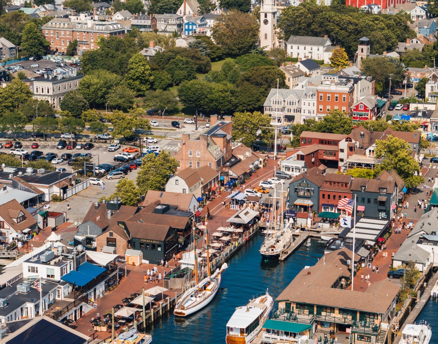 Aerial photo of Bowen's wharf in Newport, showing boats docked