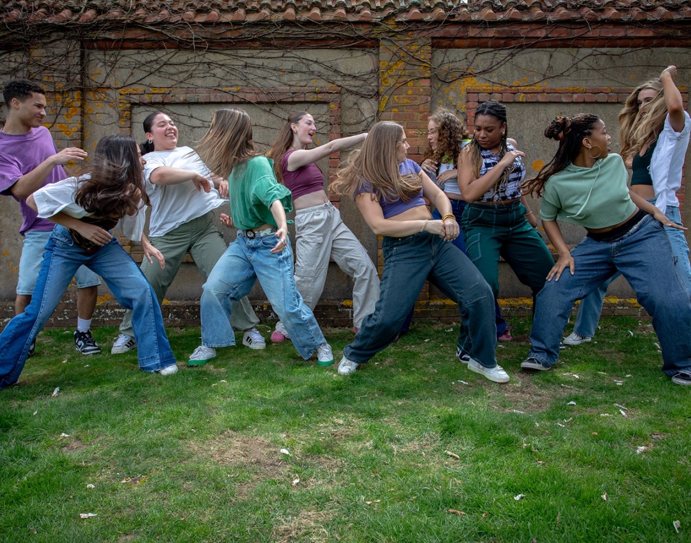 Group of people dancing on a lawn
