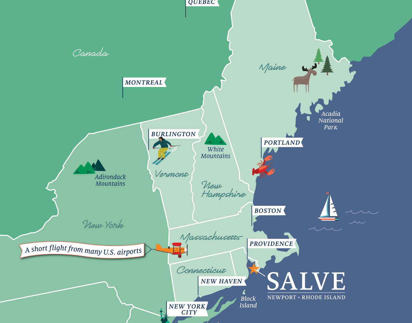 New England map featuring Salve Regina University