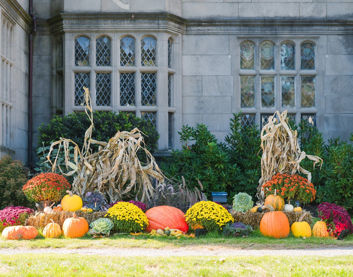 Fall scenery with pumpkins, mums and cornstalks in front of a stone mansion.