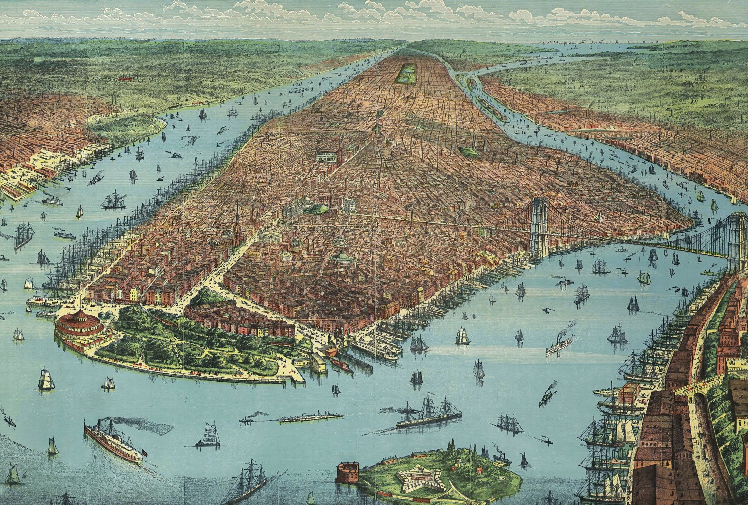 An old vintage colorful map of New York City with the Brooklyn bridge dated back to 1876.