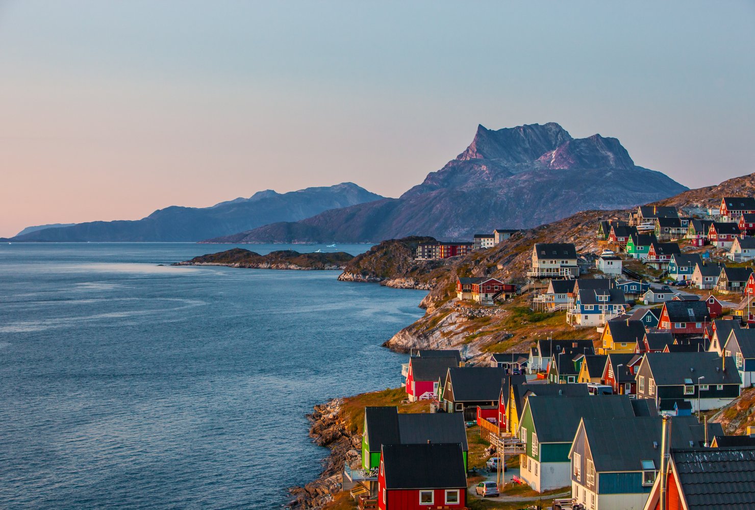 Colorful houses at sunset in the capital of Greenland, Nuuk.