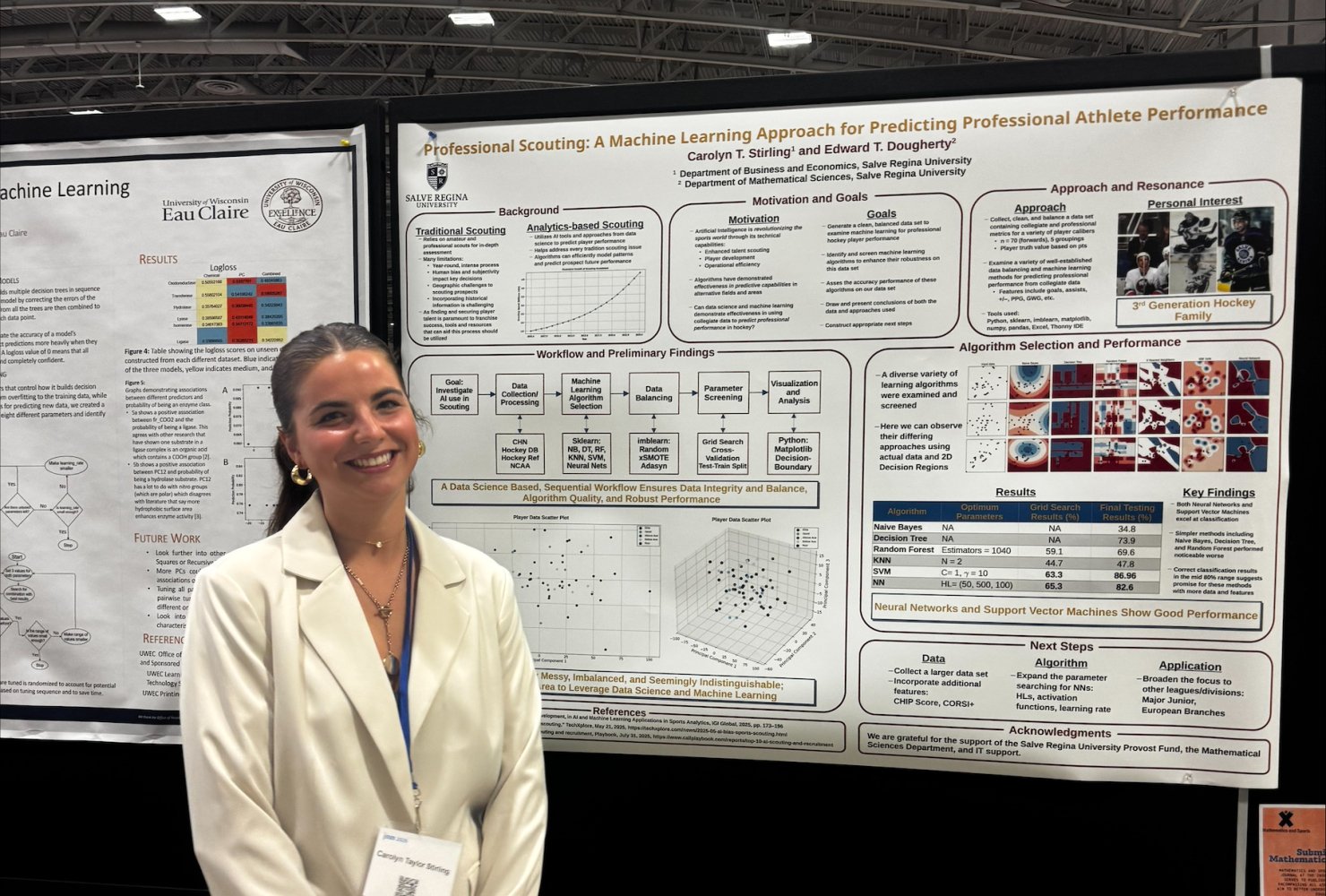 Stirling smiling in front of research poster board.