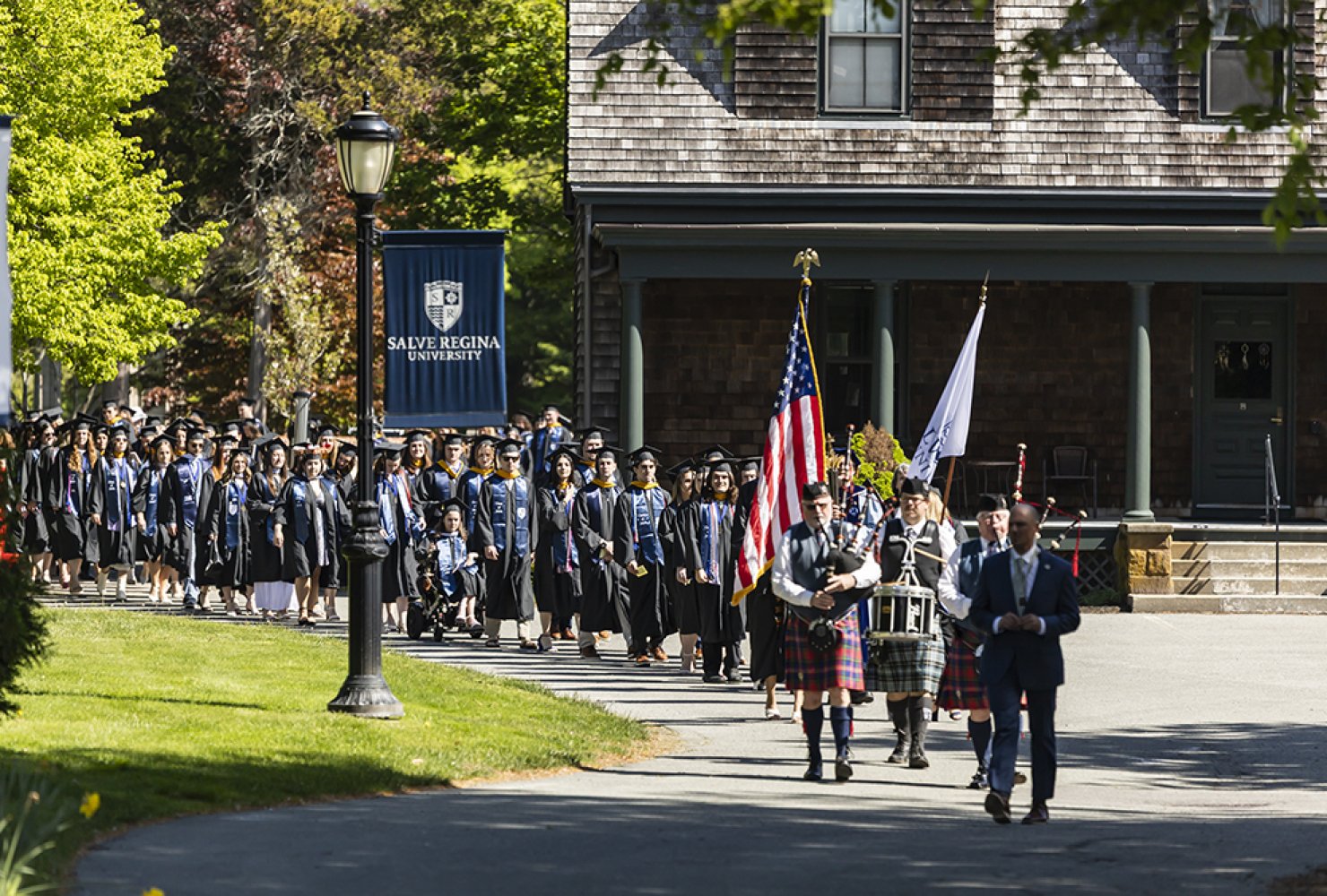 Students in their regalia in the procession to the Commencement ceremony.