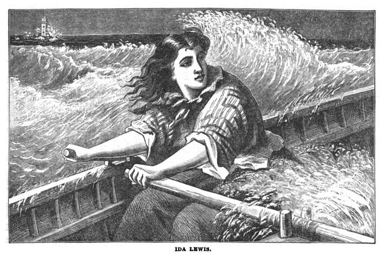 Historic black-and-white illustration of Ida Lewis rowing a lifeboat through rough seas, with large crashing waves behind her and a lighthouse visible in the distance.