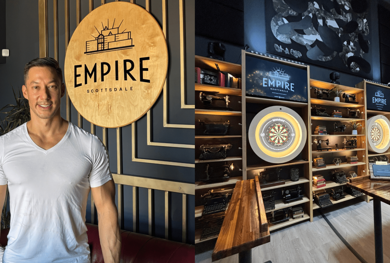 Ed Wu in white t-shirt in front of circular Empire logo.