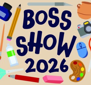 BOSS Show 2026 promotional graphic with the event title surrounded by illustrated art and craft supplies.