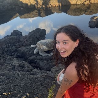 Bermingham smiling on rocks next to a sea turtle.