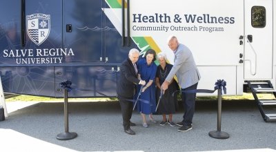 U.S. Senator Jack Reed, Salve Regina University President Dr. Kelli J. Armstrong, Salve Regina University Chancellor Dr. M. Therese Antone and Newport Mayor Charlie Holder cut the ribbon to launch Salve's new health and wellness mobile outreach program.