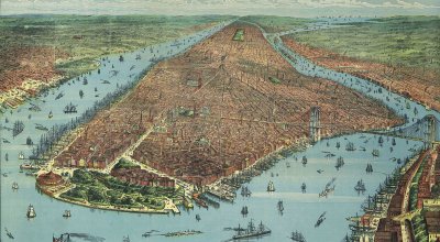 An old vintage colorful map of New York City with the Brooklyn bridge dated back to 1876.