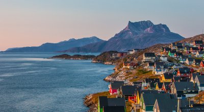 Colorful houses at sunset in the capital of Greenland, Nuuk.