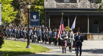 Students in their regalia in the procession to the Commencement ceremony.