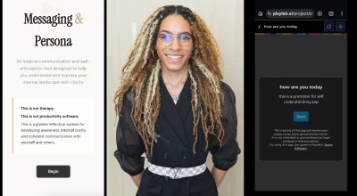 smiling student between two screen shots of an app