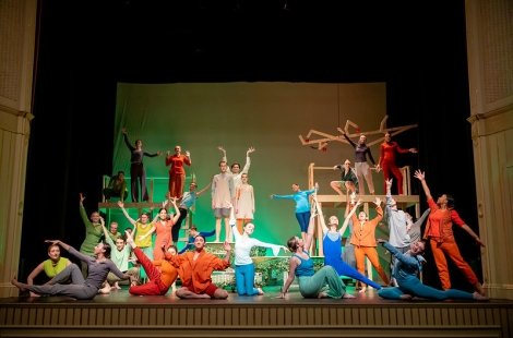 Large cast of actors in bright colored costumes in energetic poses