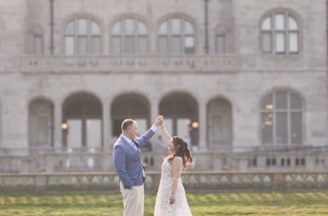 Bride and groom on the lawn at Ochre Court