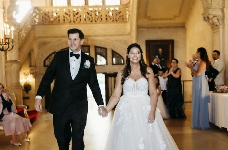 Bride and groom in the Great Hall of Ochre Court