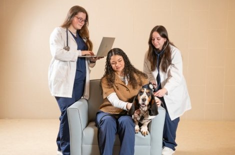 Student nurses researching pet therapy pose with a basset hound