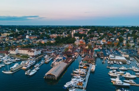 aerial view of Newport Harbor docks and downtown