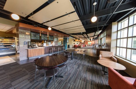 A small cafe with a lounge area