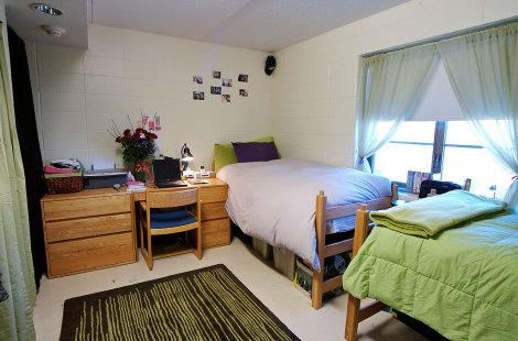 A shared room with two raised beds, a desk, rugs on the floor and decorations on the walls.
