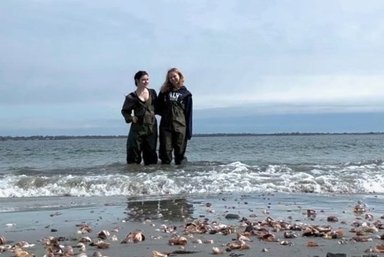 Two women standing in the water along a shoreline
