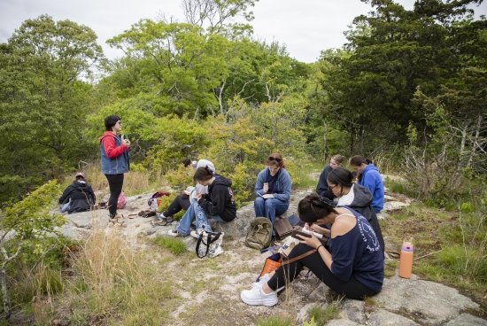Group of students sitting in a green wooded area, drawing in their sketchbooks.