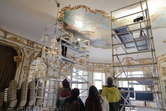 A group of people with their backs turned to the camera looking up at an oval-shaped ceiling painting in Ochre Court's ballroom.