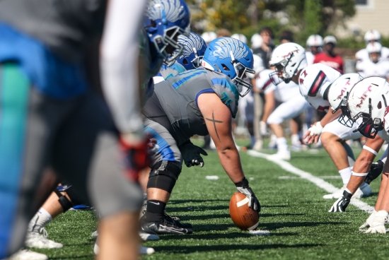 Football player holding ball in position at beginning of play.