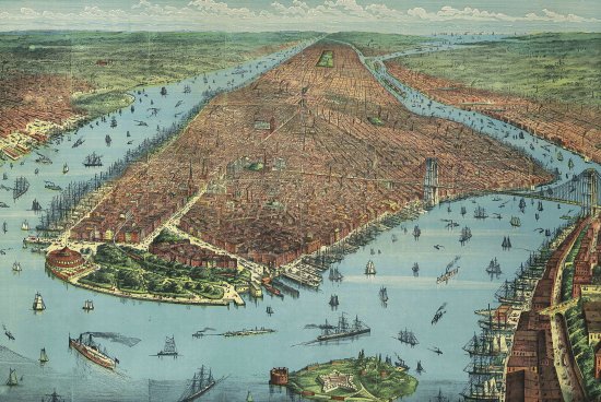 An old vintage colorful map of New York City with the Brooklyn bridge dated back to 1876.