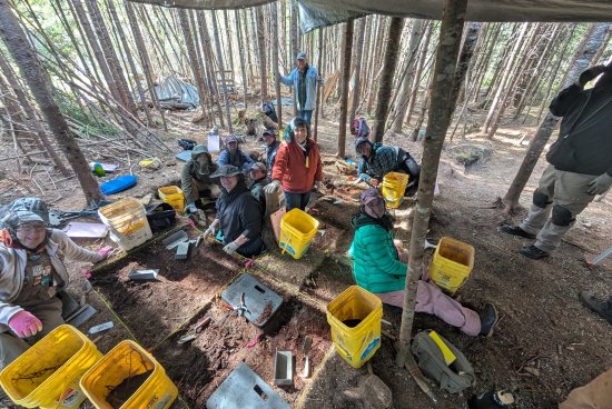 Students smiling in their test pits during an excavation in the woods.
