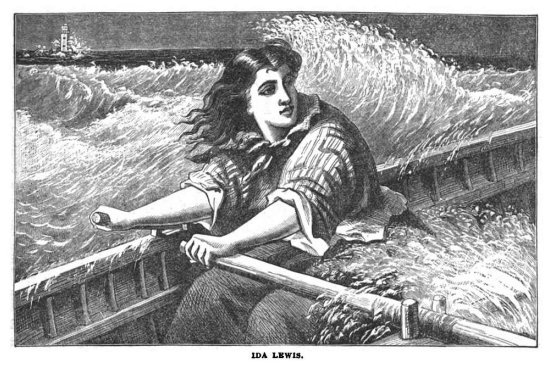 Historic black-and-white illustration of Ida Lewis rowing a lifeboat through rough seas, with large crashing waves behind her and a lighthouse visible in the distance.
