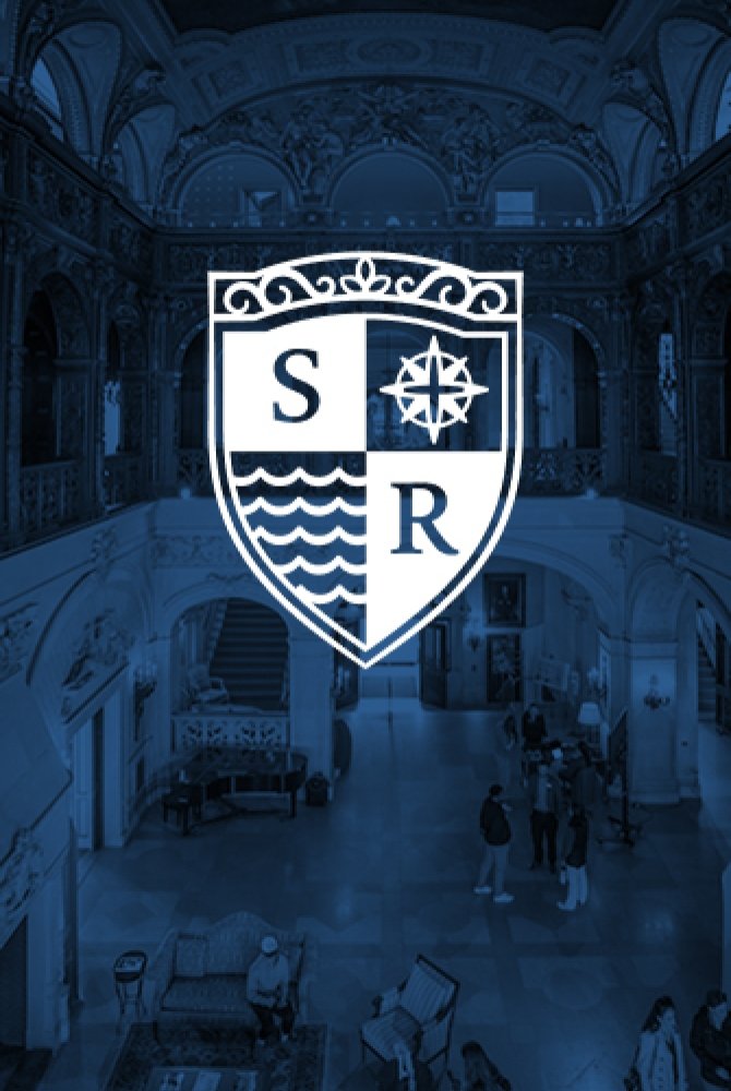 An image of the Salve Regina crest over a blue background.