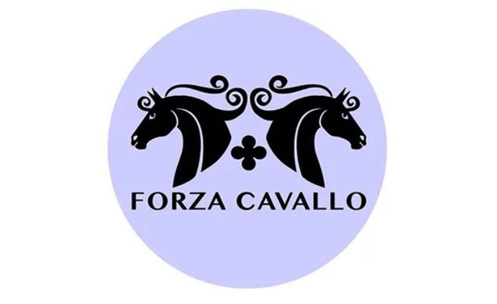 lavender circle with two horses facing opposite directions, Forza cavallo written underneath