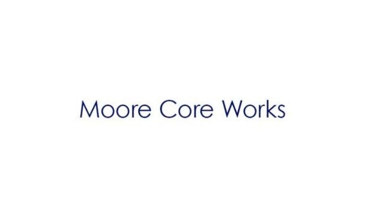 Moore Core Works writing in navy blue font