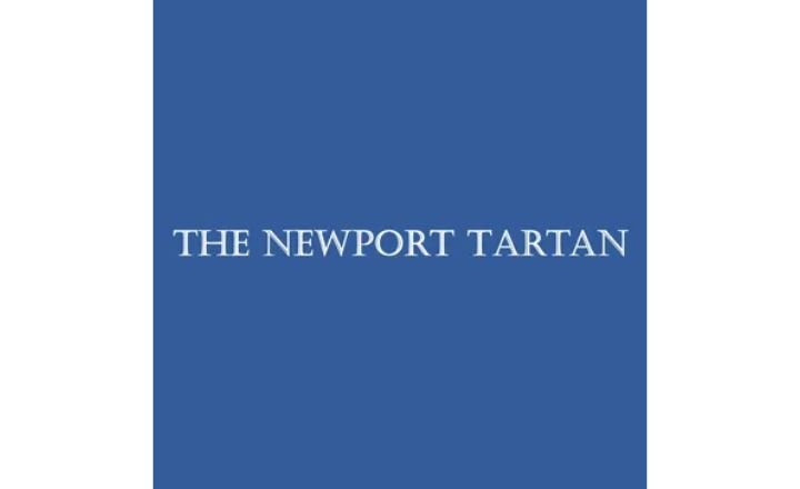Blue square with white "The Newport Tartan" written in capital letters through the middle