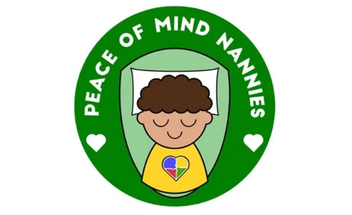 green circle with peace of mind nannies written on the top curve with a child sleeping in the middle of the circle