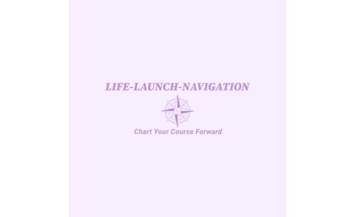 Lilac square with Life-Launch-Navigation and a compass in a darker lavender color