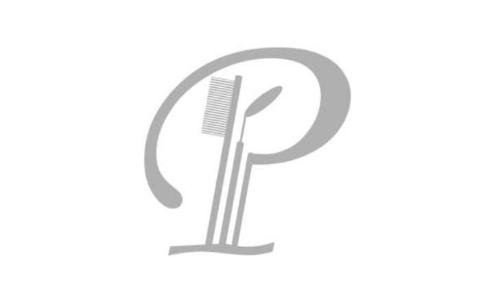 Grey script P with the stem of the P is a toothbrush and a dental mirror