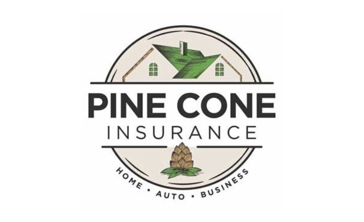 A rooftop and pinecone, split by the company name