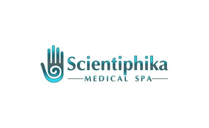 Teal hand with swirl on palm, Scientiphika Medical Spa written to right