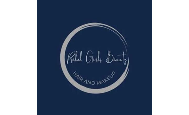 Navy blue square with silver crescent shaped swipe with Rebel Girls Beauty written in the center