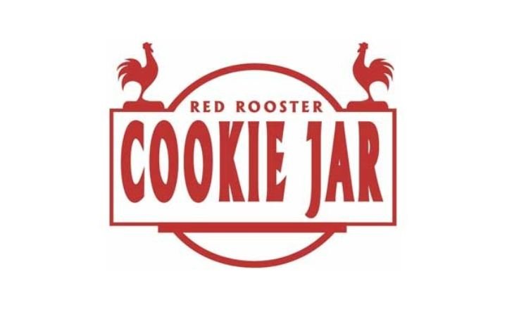 Two red roosters facing the center and Red Rooster Cookie Jar centered between the two
