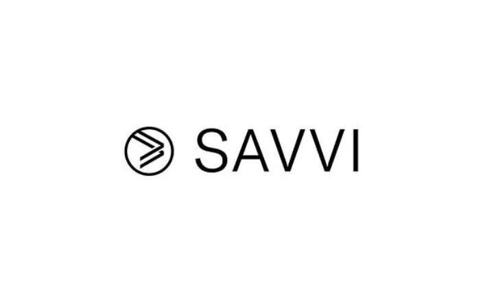 Savvi written in black caps with a circle with two overlapping lines to the left