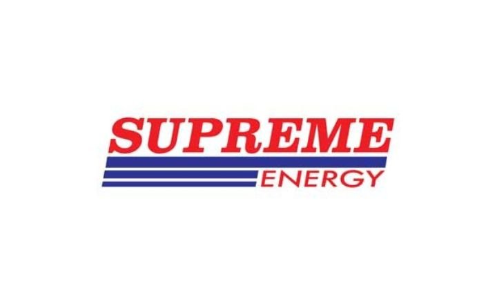 Red font, Supreme Energy with 3 navy blue lines below