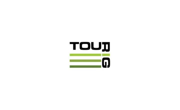 Tourig written around a square design with 3 green lines