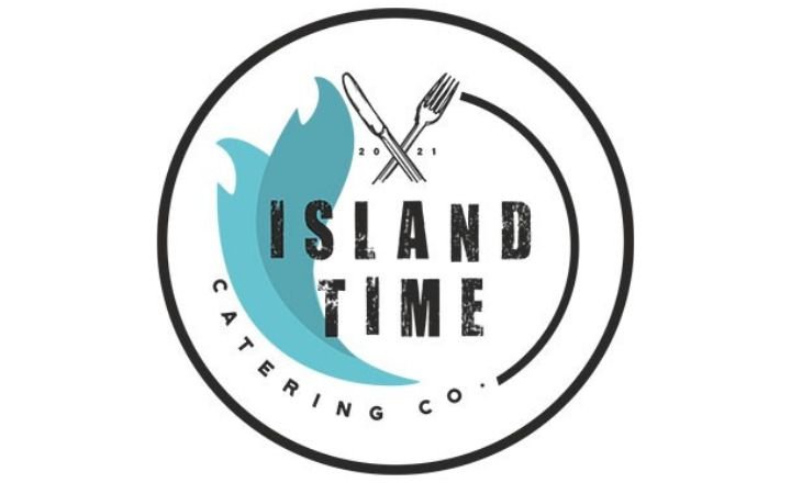 Blue waves connecting to a fork and knife with Island Time Catering Co. written within the circle